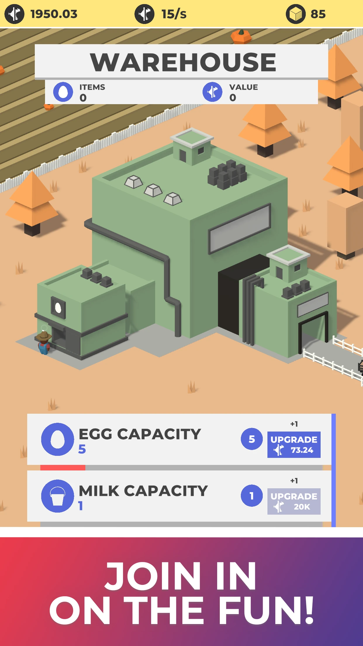 The warehouse with its egg and milk capacity upgrades, captioned “Join in on the fun!”