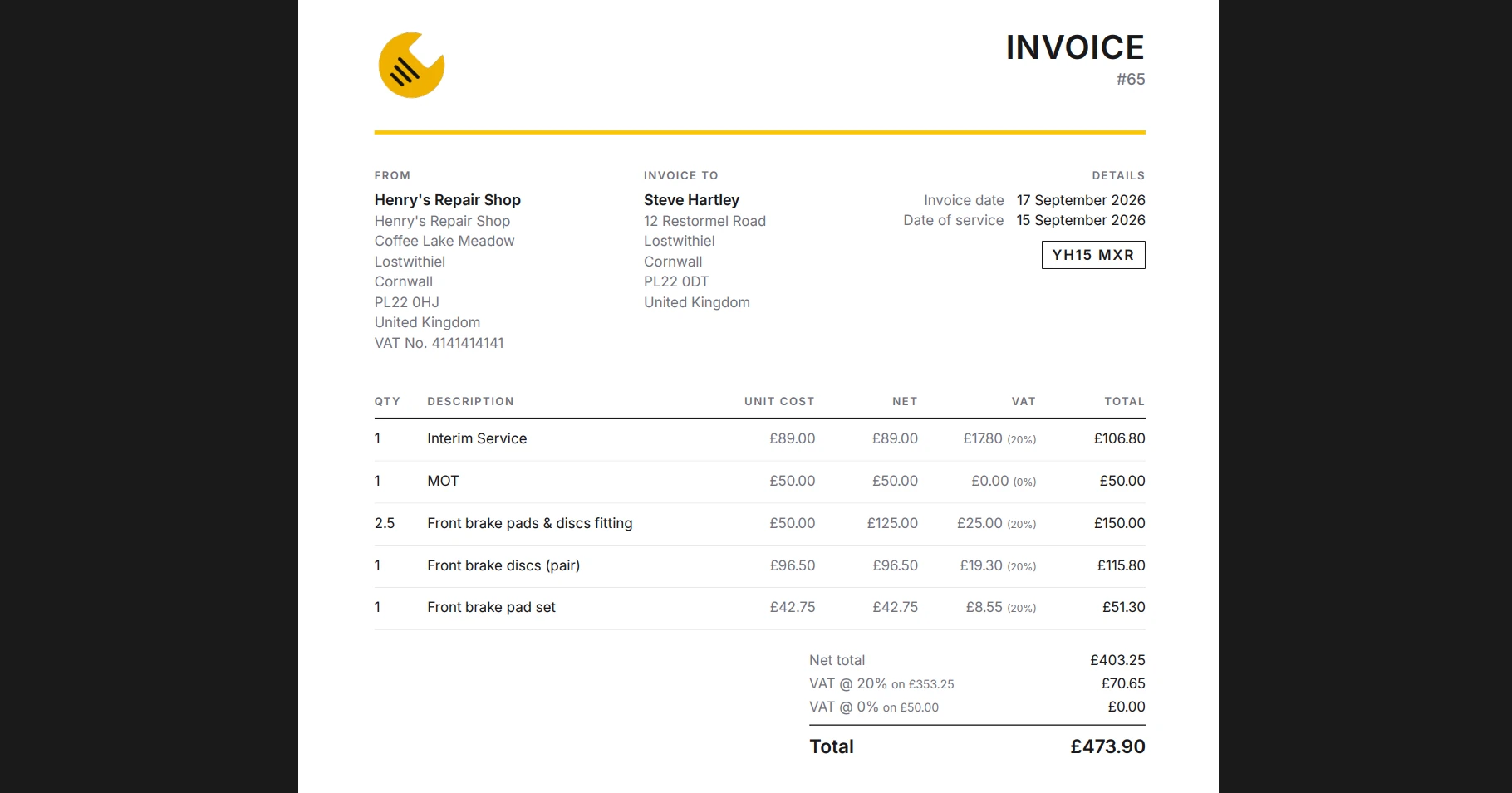 GarageActive PDF invoice with services, parts and VAT broken down per line