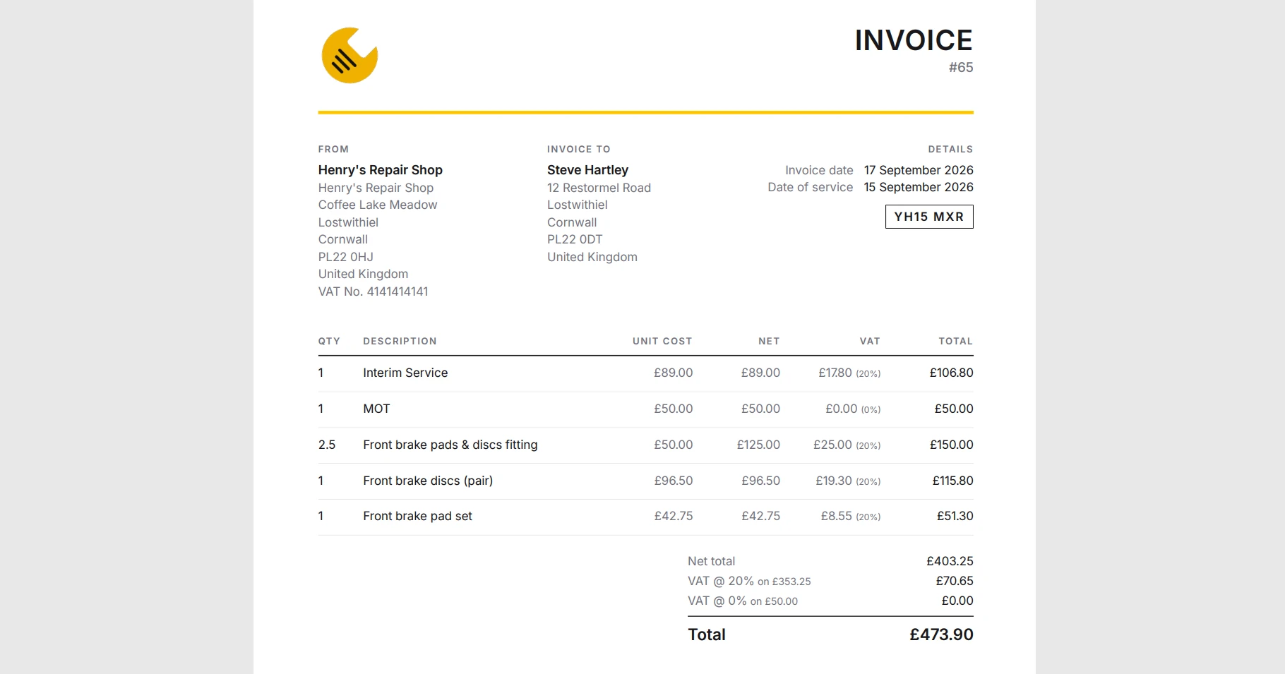 GarageActive PDF invoice with services, parts and VAT broken down per line