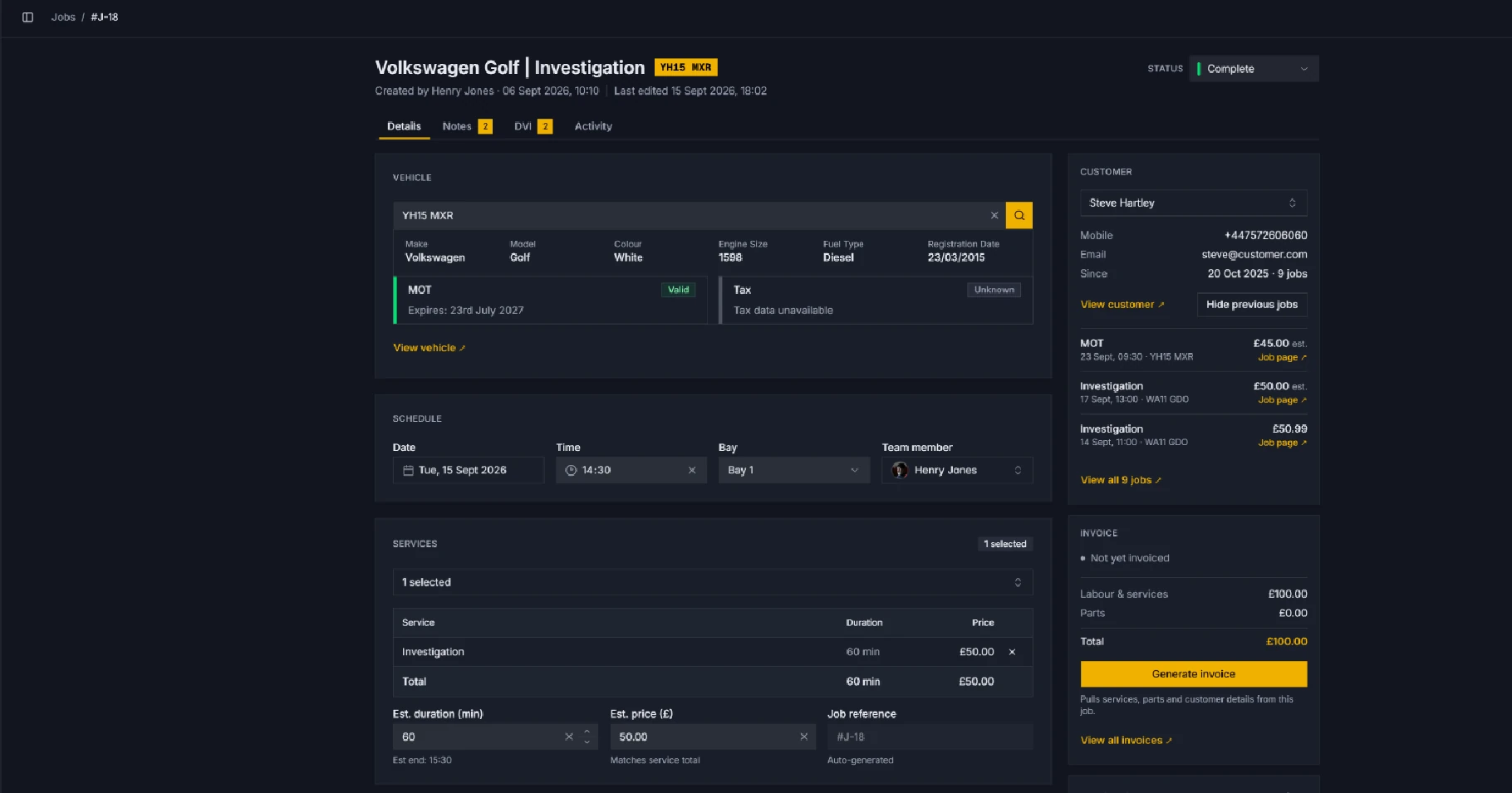GarageActive job details page