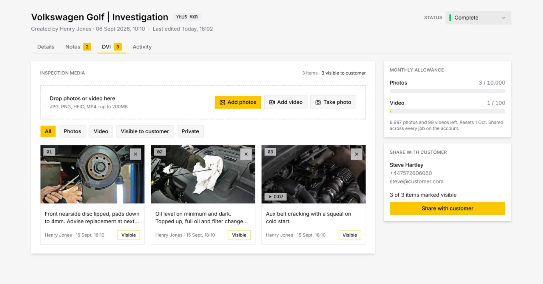 GarageActive digital inspection with photos, a video and mechanic notes, ready to share with the customer