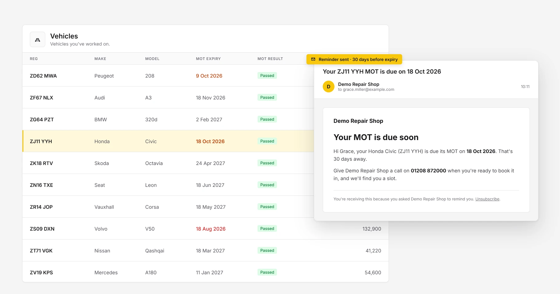 Automated GarageActive MOT reminder email sent 30 days before expiry