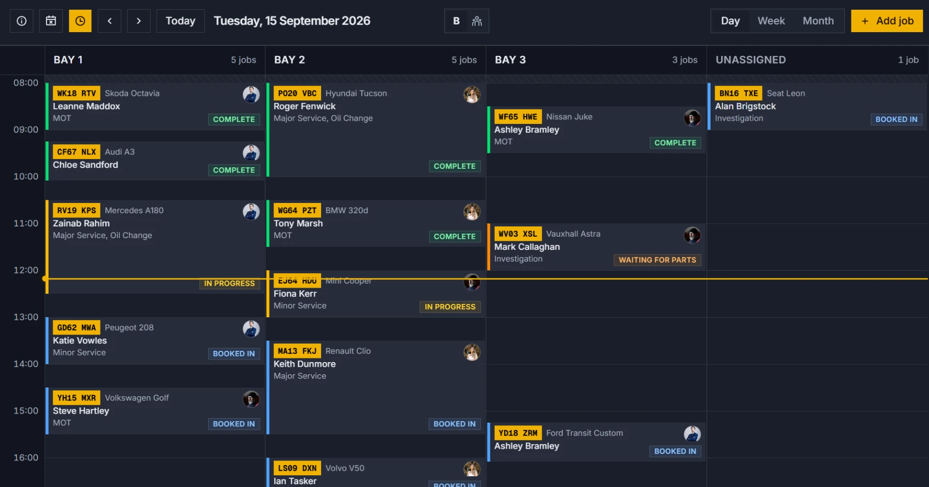 GarageActive schedule with jobs laid out by bay and colour-coded by status